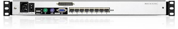 Eine Rückansicht eines Rack-Netzwerkgeräts mit Netzteilanschluss, verschiedenen Anschlüssen wie VGA, USB und Ethernet sowie einem seriellen Anschluss.