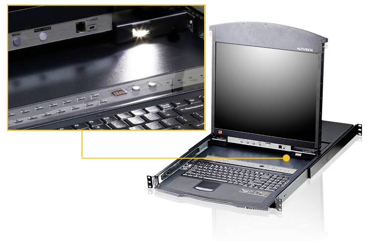 'ATEN' Marken-KVM-Konsole mit LCD-Monitor, Tastatur und Touchpad. Detailaufnahme zeigt Anschlüsse und Einschaltknopf auf der Rückseite.