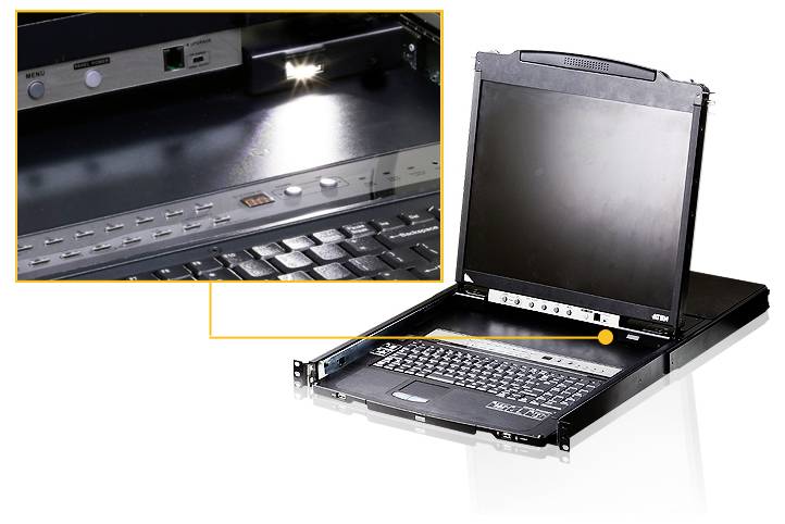 Eine Rack-Konsole mit eingebautem Monitor, Tastatur und Touchpad. Eine Detailansicht hebt einen USB-Hub und Tasten hervor.