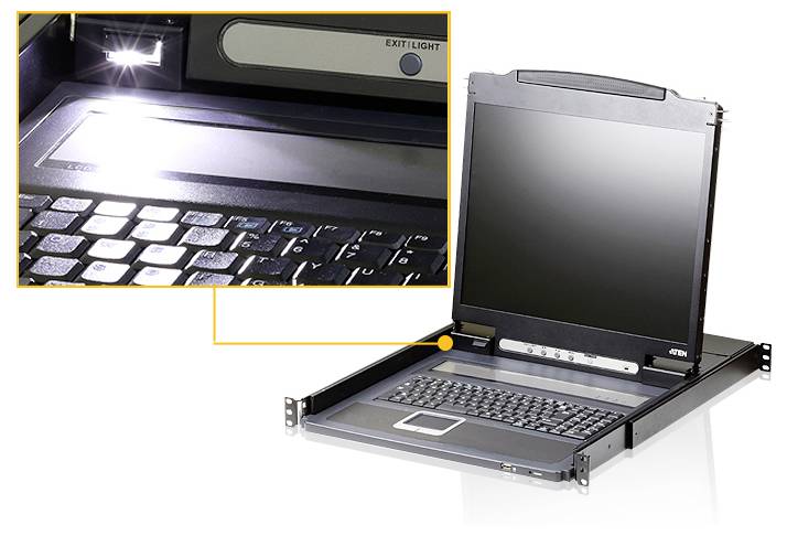 Eine Rack-montierte KVM-Konsole mit ausziehbarer Tastatur und integriertem Monitor ist zu sehen. Ein Ausschnitt hebt den ‚Exit Light'-Knopf und den LED-Indikator hervor.