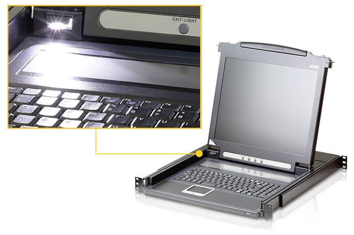 Eine KVM-Konsole mit einem integrierten Monitor und Tastatur verfügt über ein ‚Exit Light'. Die Einblendung zeigt den beleuchteten Tastaturbereich.