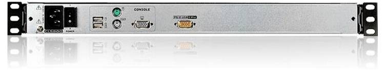 Rückseite einer Serverrack-Einheit mit Stromeingang, USB-Anschlüssen, Ethernet- und VGA-Anschlüssen.