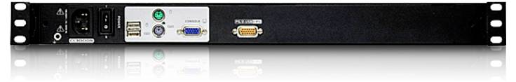 Rückansicht eines schwarzen elektronischen Geräts mit Stromeingang, USB-Anschlüssen, Ethernet-Anschluss, VGA-Anschluss und einem orangefarbenen Anschluss.