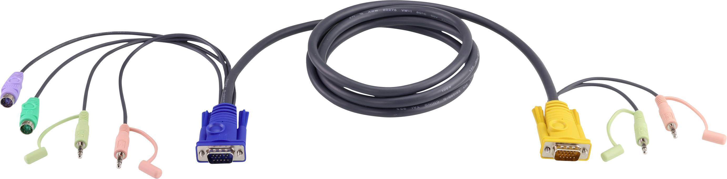 Ein KVM-Switch-Kabel mit mehreren farbigen Anschlüssen: blaue und gelbe VGA-Stecker, rosa und grüne Audiokabel, schwarze Kabel in der Mitte zusammengebunden.