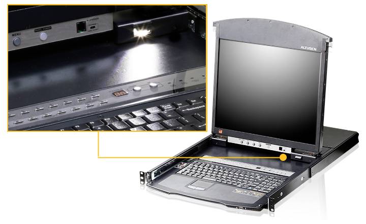 Eine ausgeklappte, in ein Rack eingebaute Konsole mit Tastatur, Touchpad und geöffnetem LCD-Bildschirm. Eine Detailansage zeigt eine vergrößerte Ansicht der Anschlussports.