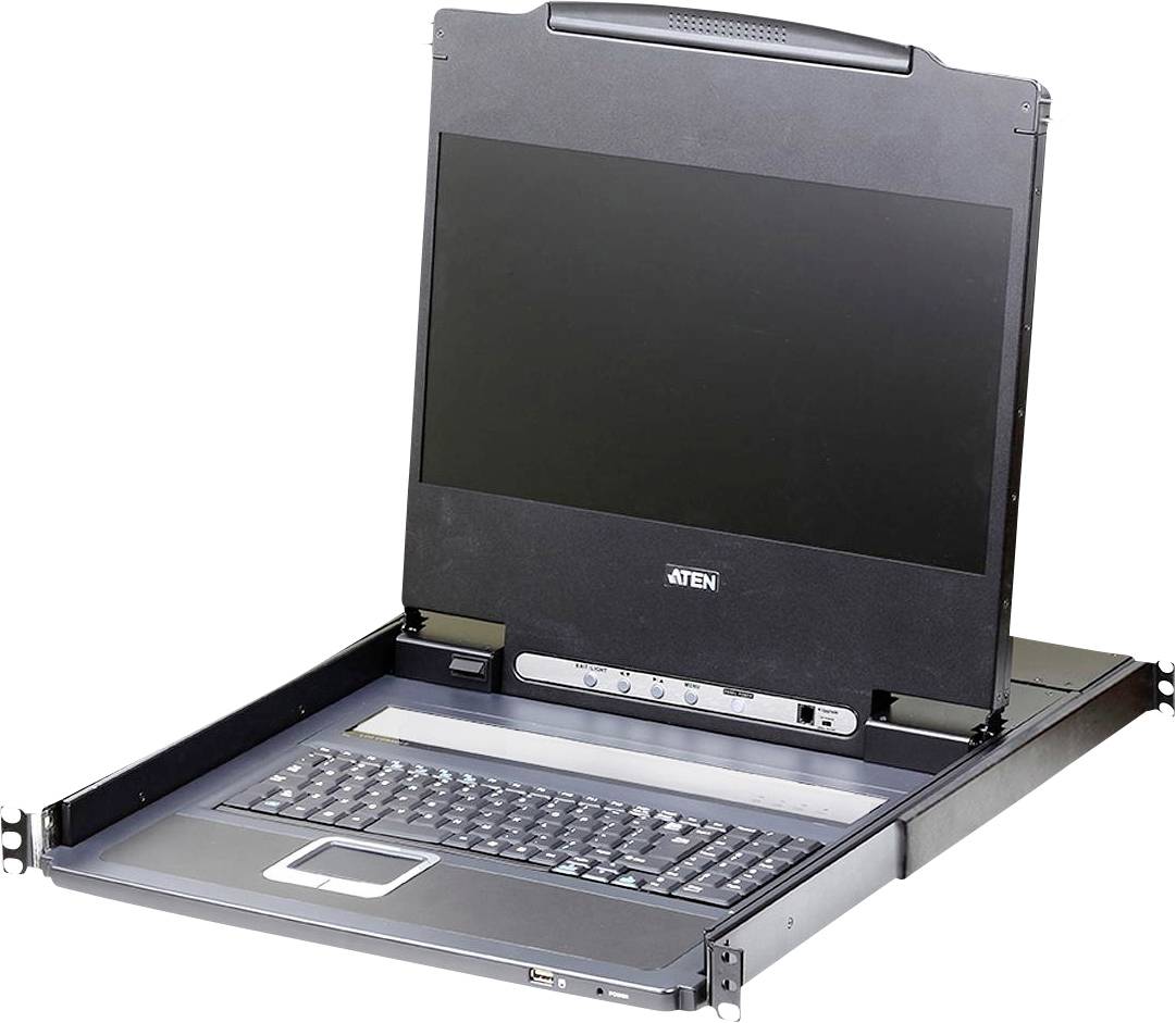 Eine Rack-montierte Konsole mit Monitor und Tastatur, die für die Verwaltung von Servern in einem Rechenzentrum entwickelt wurde.