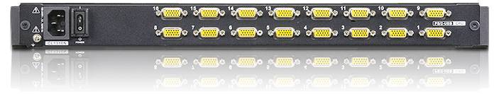 Ein schwarzes elektronisches Gerät mit mehreren gelben VGA-Anschlüssen wird gezeigt, das wahrscheinlich zum Anschluss mehrerer Monitore oder Computer verwendet wird.
