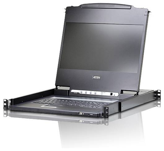 Eine Rack-Konsole mit einem offenen Laptop-ähnlichen Design, ausgestattet mit einem Bildschirm, Tastatur und Touchpad, geeignet für Servermanagement.