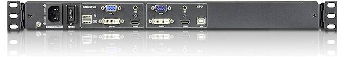 Das Bild zeigt die Rückseite eines rack-montierten elektronischen Geräts mit verschiedenen Anschlüssen, einschließlich Strom-, DVI-, HDMI-, VGA- und Audioverbindungen.