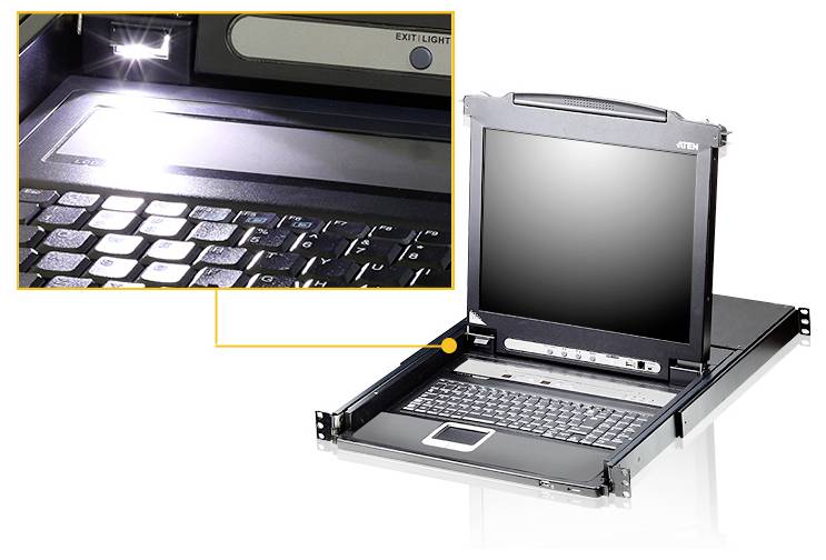 Eine Rack-Konsole mit hochklappbarem Monitor und ausziehbarer Tastatur, ausgestattet mit einer LED-Leuchte zur Beleuchtung der Tasten.
