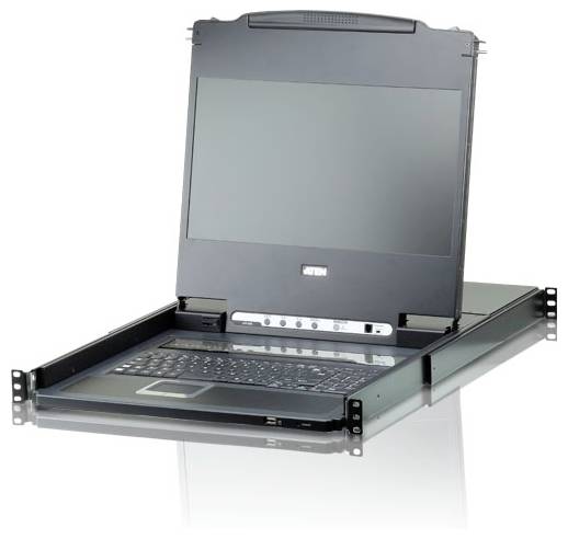 Eine Rack-montierte KVM-Konsole mit einem ausklappbaren LCD-Bildschirm und Tastatur, entwickelt für die Serververwaltung.
