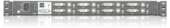 Ein 1U Rack-Mount-Videomatrix-Switch mit mehreren DVI-Anschlüssen und Stromeingang, verwendet zum Verbinden und Umschalten zwischen Videoquellen.