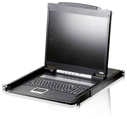 Eine schwarze Rack-Konsole mit aufklappbarem Monitor und integrierter Tastatur und Touchpad, konzipiert für das Servermanagement in Rechenzentren.