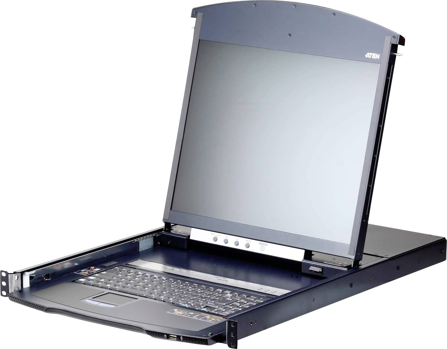 Ein schlanker, in Rack einbaubarer Single-Console-KVM-Switch mit integriertem Monitor, Tastatur und Touchpad, speziell für das ServerManagement konzipiert.