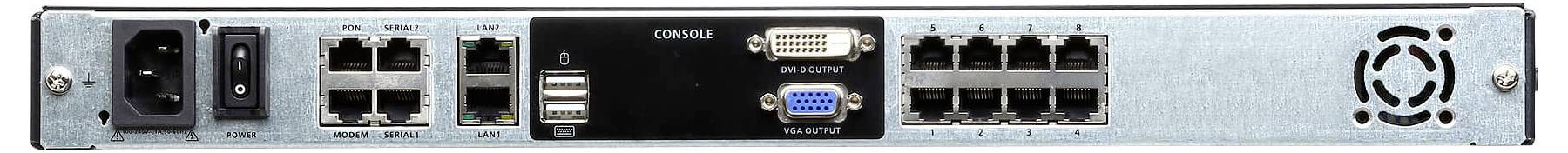 Rückansicht eines Netzwerkgeräts mit mehreren Anschlüssen: Stromstecker, USB, Konsole, VGA und Ethernet-Anschlüsse für Konnektivität.