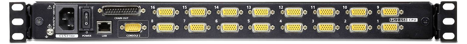 Eine schwarze elektronische Rack-Einheit mit mehreren gelben VGA-Anschlüssen, einer Netzsteckdose und einem Netzwerkport.
