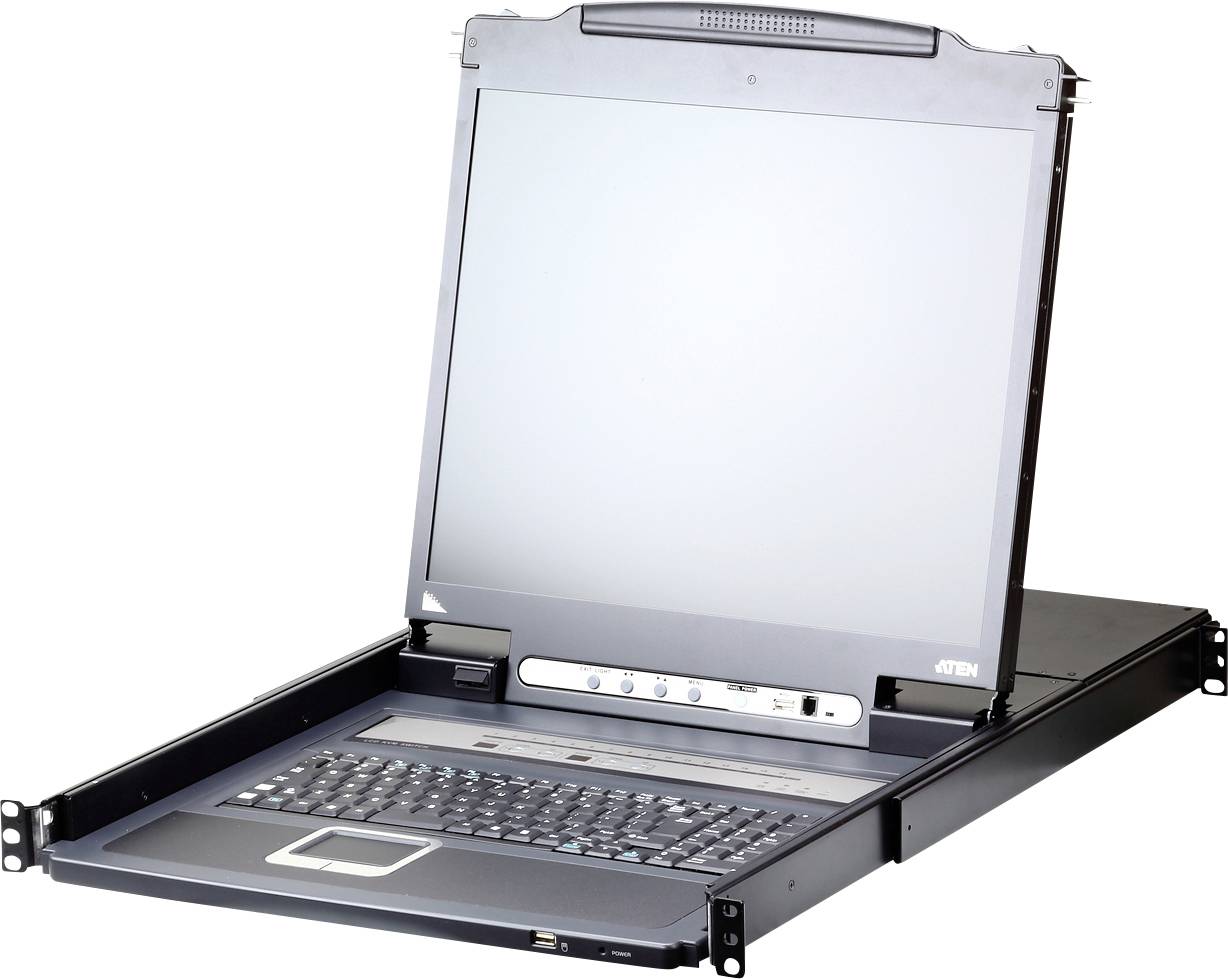 Eine Rack-Konsole mit einem klappbaren LCD-Bildschirm und integrierter Tastatur ist aus einem Serverrack ausgeklappt zu sehen.