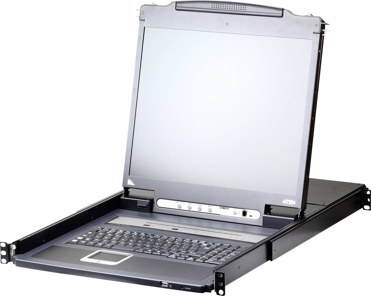 Eine schwarze Rack-Konsole mit KVM-Funktion verfügt über einen ausziehbaren Monitor und eine integrierte Tastatur, die zur Verwaltung mehrerer Server in einem Rechenzentrum verwendet wird.