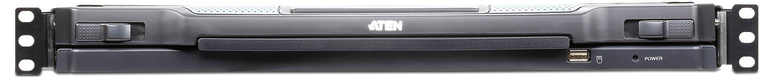 ATEN-Rack-Gerät mit Frontgriff und Frontplatte, wahrscheinlich eine Computer- oder Serverkomponente, mit Belüftung auf der Oberseite und Steuerungsanschlüssen auf der rechten Vorderseite.