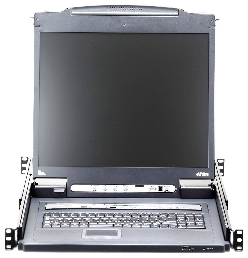 Rack-montierte KVM-Konsole mit ausklappbarem Bildschirm und Tastatur, entwickelt zur Verwaltung von Servern oder Rechenzenterausrüstung.