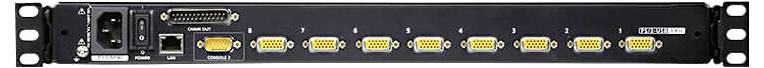 Ein schwarzes Rack-mountable Gerät mit mehreren RS-232-Anschlüssen und einem Stromstecker, typischerweise in Netzwerk- oder Serverausrüstung verwendet.