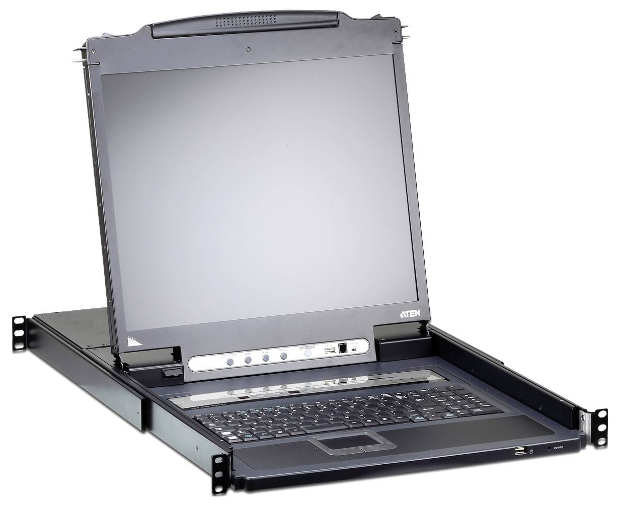 Eine Rack-montierte Konsole mit einem geöffneten LCD-Bildschirm, integrierter Tastatur und Touchpad, die für das Servermanagement in Rechenzentren entwickelt wurde.