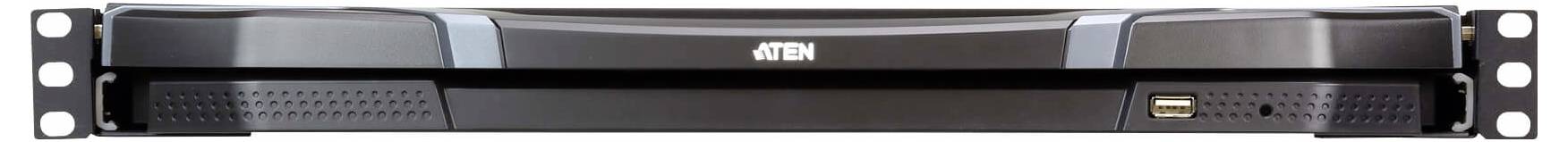 Ein schwarzes, im Serverrack montiertes Gerät mit einem USB-Anschluss und einem 'ATEN' Logo auf dem Frontpanel.
