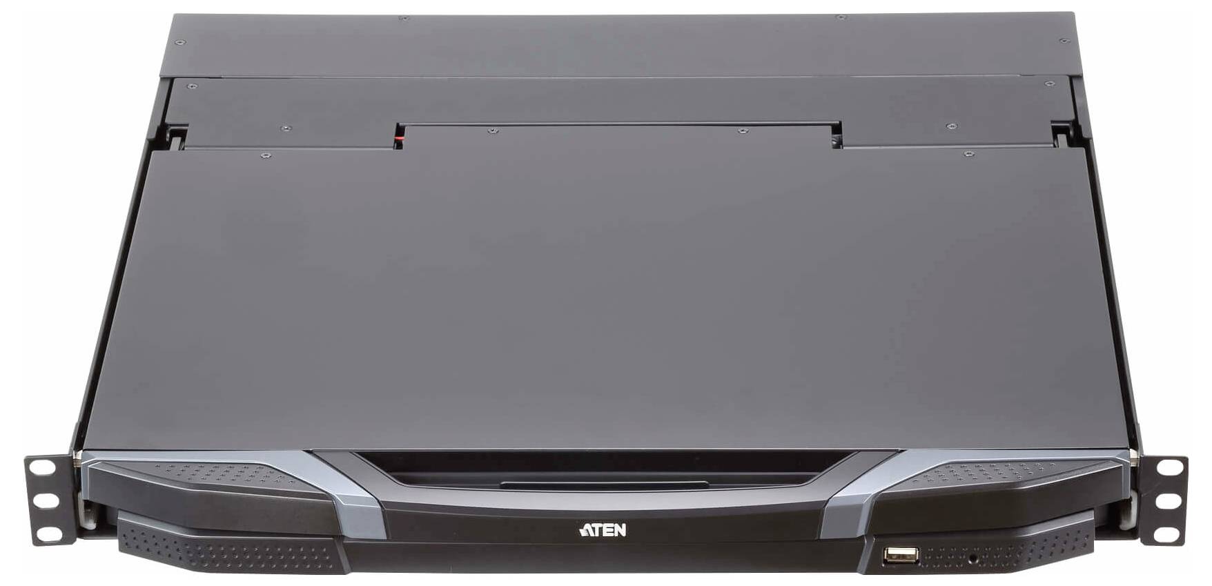 Ein schwarzes, rechteckiges elektronisches Gerät mit geschlossenem Deckel und zwei metallischen Befestigungsbügeln an beiden Seiten.