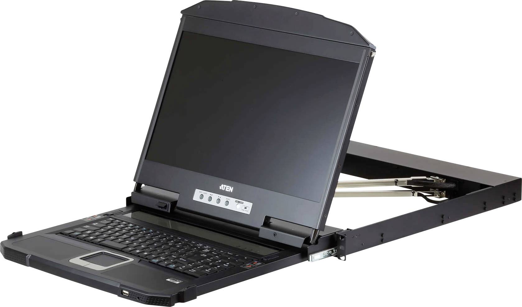 Eine faltbare schwarze KVM-Konsole mit geöffnetem Monitor, Tastatur und Touchpad, die zur Verwaltung mehrerer Server in einem kompakten Raum verwendet wird.