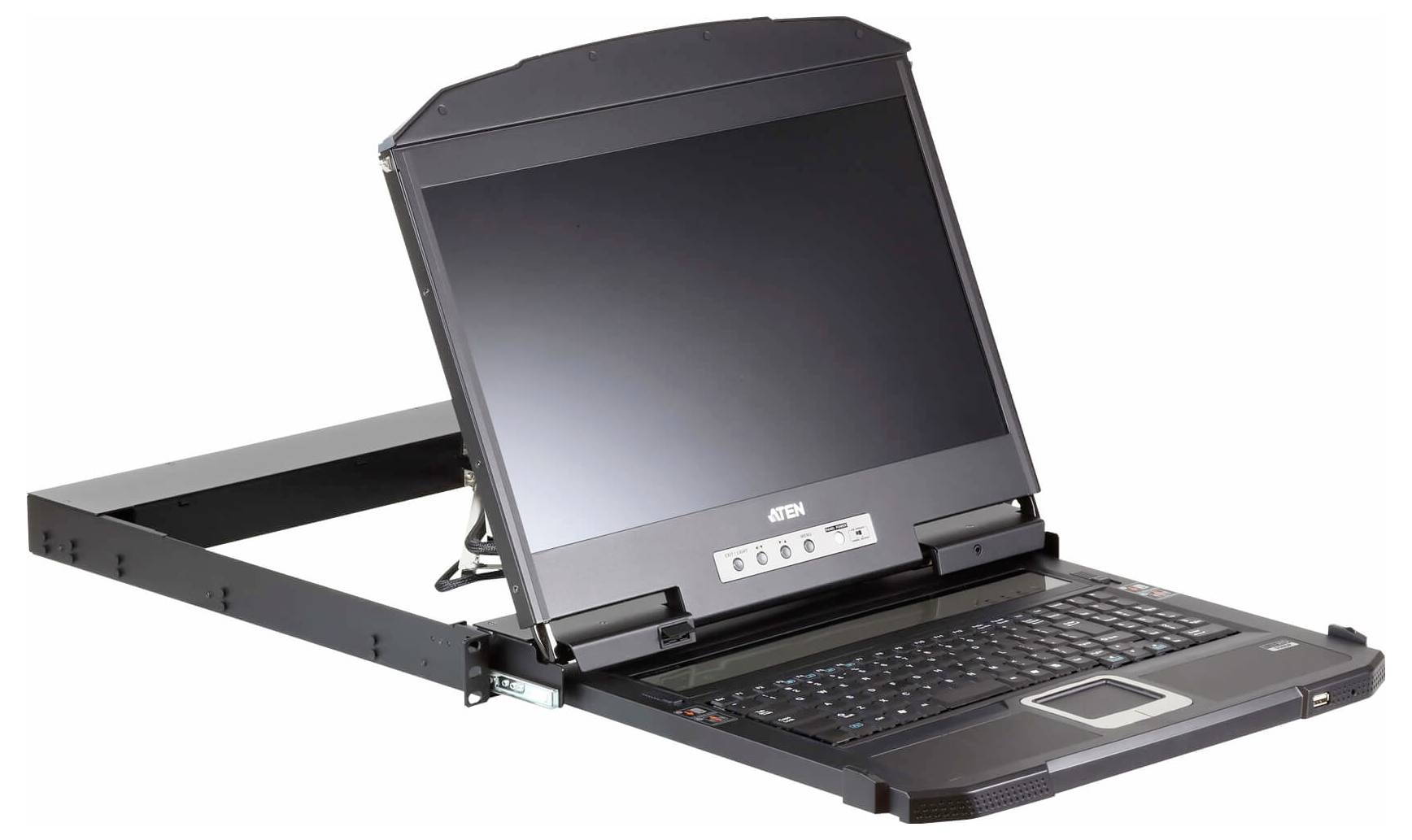 Eine Rack-Konsole mit einer hochklappbaren LCD-Bildschirm, Tastatur und Touchpad, entwickelt für Rechenzentren zur effizienten Serververwaltung.