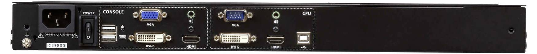 Ein schwarzer Netzwerk-Switch mit mehreren Konsolen-, USB-, VGA-, DVI- und CPU-Anschlüssen, der zur Verbindung verschiedener Computerkomponenten verwendet wird.