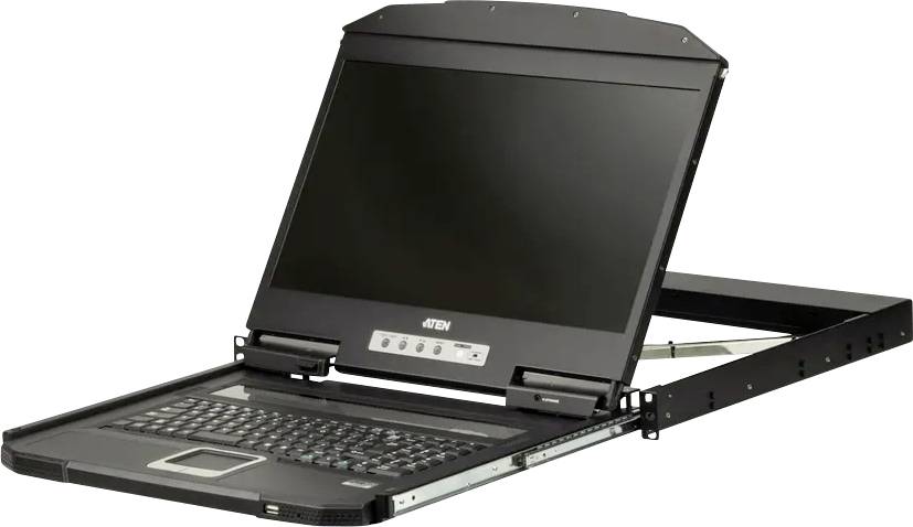 Eine Rack-Konsole mit einem offenen schwarzen Tastaturausziehblatt und einem klappbaren Monitor, die zur Steuerung von Servern in Rechenzentren oder IT-Umgebungen verwendet wird.