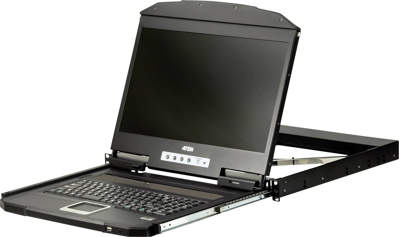 Eine faltbare, im Rack montierbare LCD-Konsole mit Monitor, Tastatur und Touchpad, die zur Serveradministration in Rechenzentren verwendet wird.