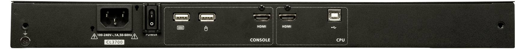 Rückansicht eines rack-montierten Netzwerkgeräts mit verschiedenen Anschlüssen, einschließlich Stromversorgung, USB, Konsole und CPU-Anschlüssen, die für die Serververwaltung verwendet werden.