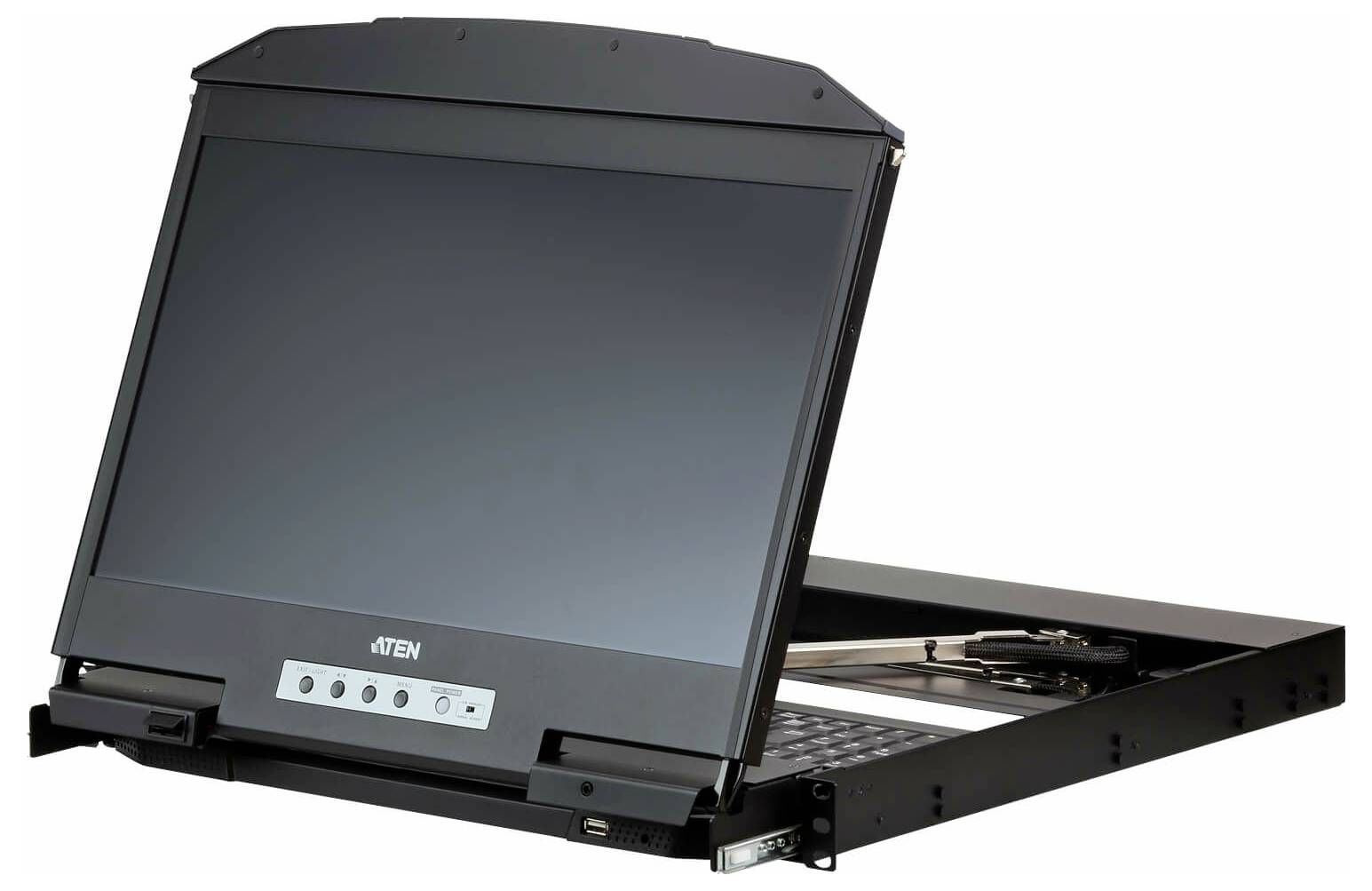 LCD-Rack-Konsole der Marke 'Aten' mit Tastatur und Touchpad, für Server- oder Rechenzentrumsanwendungen, teilweise ausgefahren.