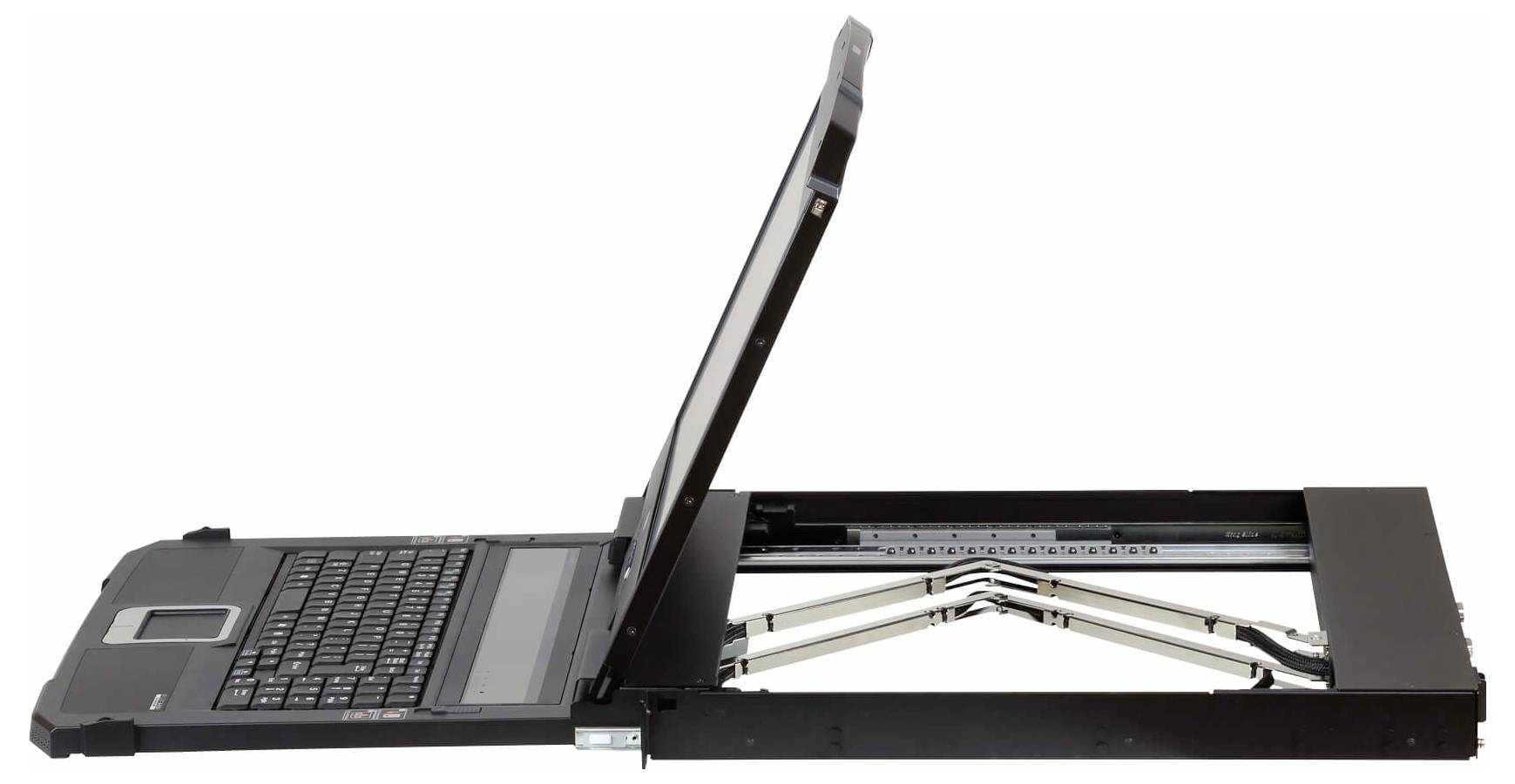 Ein robuster Laptop, der in einer industrietauglichen, ausfahrbaren Rack-Halterung angedockt ist, teilweise geöffnet und dessen robustes und vielseitiges Design präsentierend.