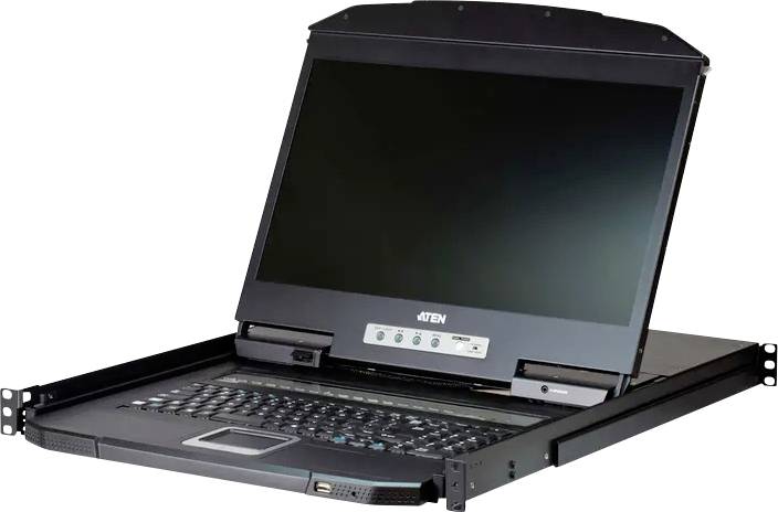Eine Rack-montierte KVM-Konsole mit Tastatur und hochklappbarem Monitor. Der Bildschirm zeigt die Marke 'ATEN'. Konzipiert für die Verwaltung mehrerer Server.