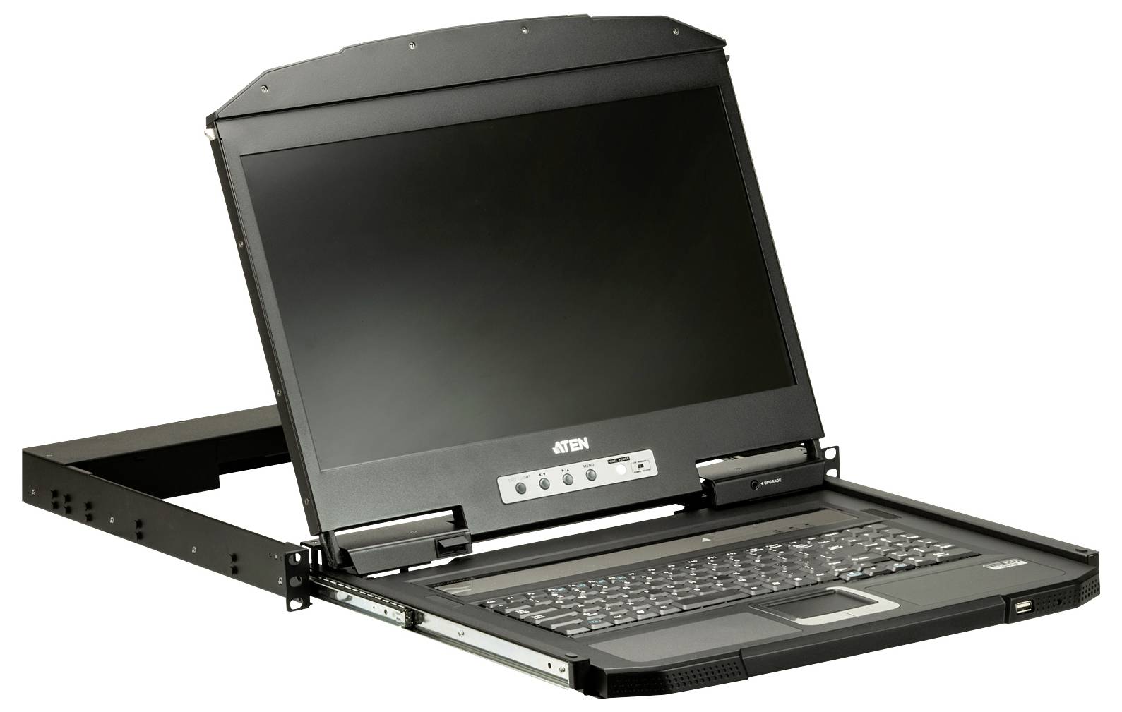 Rack-montierte Konsole mit Flachbildschirm, Tastatur und Touchpad, die zur Verwaltung von Servern in einer Rechenzenterumgebung verwendet wird.