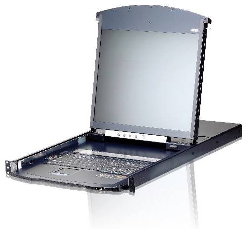 Eine Rack-mountable Konsole mit einem offenen LCD-Bildschirm und integrierter Tastatur.