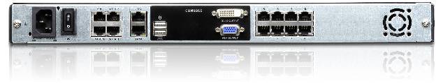 Rückansicht eines Netzwerk-Switches mit verschiedenen Anschlüssen: Ethernet-Ports, Konsolen-Ports für USB- und VGA-Verbindungen sowie Netzteil.