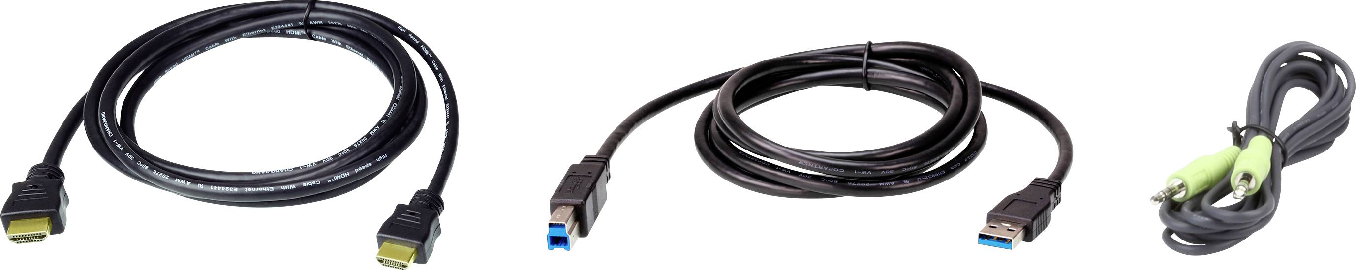 Bild von drei Kabeltypen: HDMI-Kabel, USB-3.0-Kabel und Audiokabel mit grünen Anschlüssen, jeweils einzeln aufgerollt.