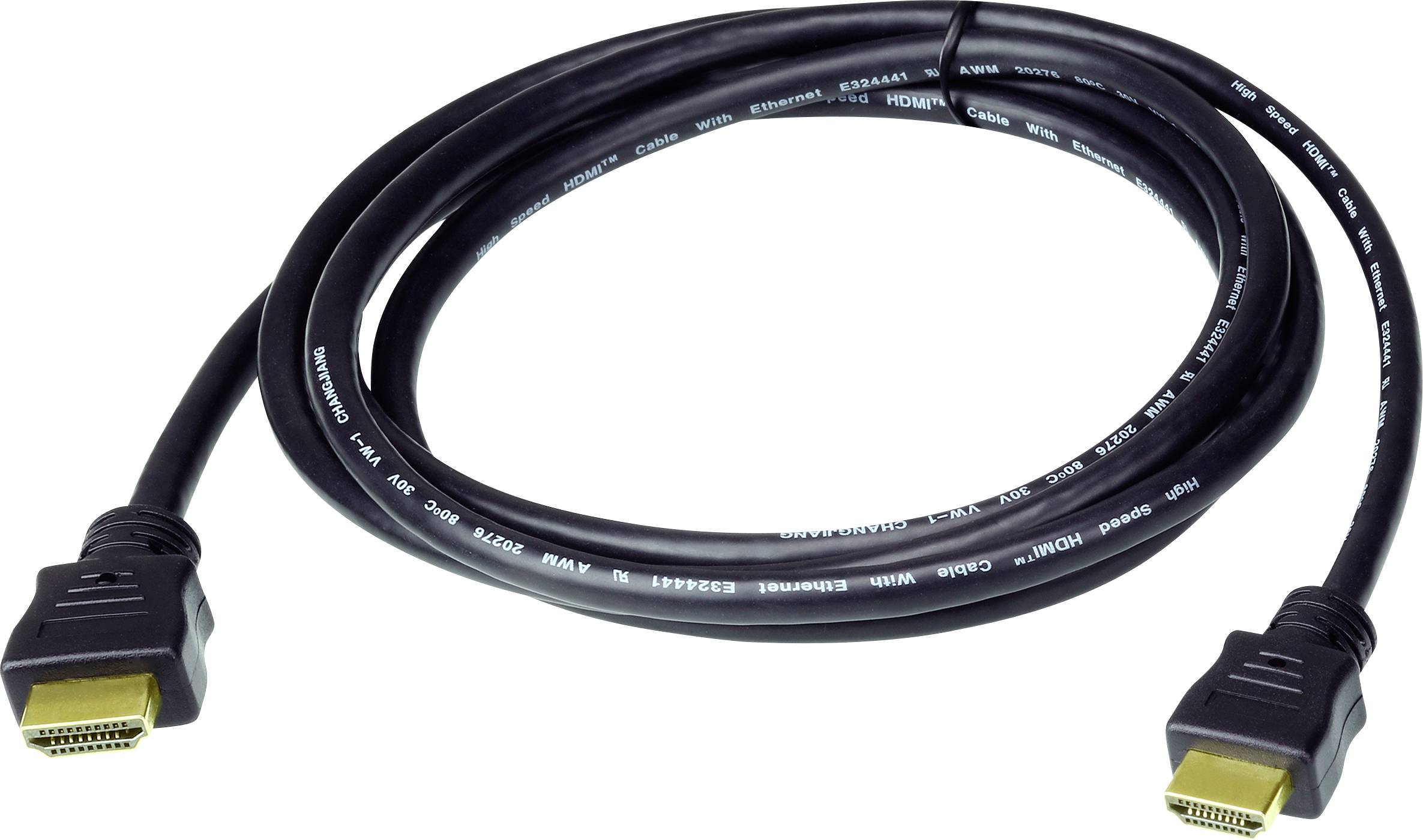 Ein schwarzes HDMI-Kabel mit vergoldeten Anschlüssen ist zu einer Schlaufe gewickelt, geeignet zum Anschluss von Audio-/Videogeräten wie Fernsehern und Monitoren.