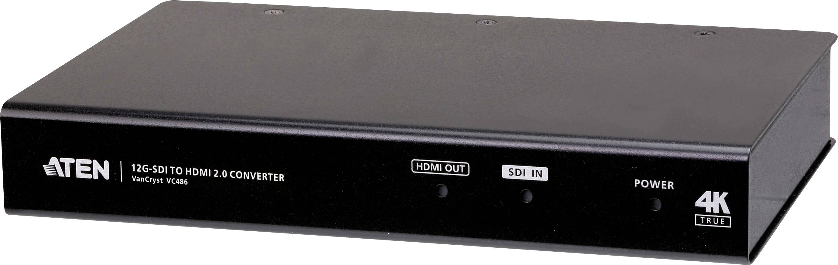 Ein schwarzer ATEN 12G-SDI zu HDMI 2.0 Konverter mit SDI-Eingang und HDMI-Ausgang, entwickelt für die Videokonvertierung in 4K Ultra HD.