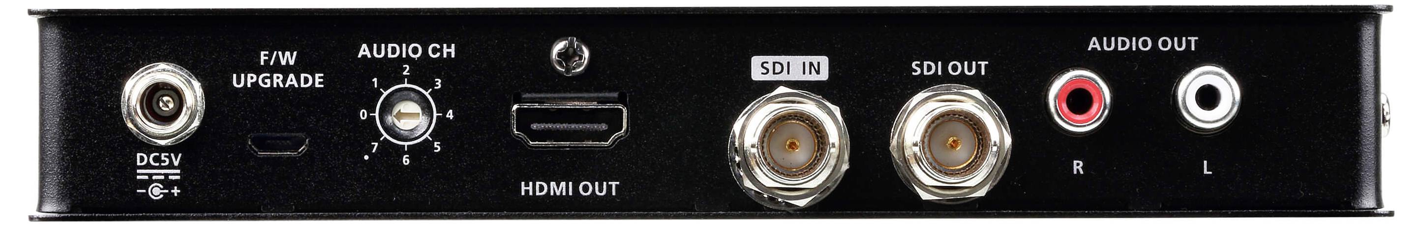 Rückseite eines Audio-Video-Geräts mit DC 5V, HDMI-Ausgang, SDI-Ein-/Ausgangsanschlüssen, Audio-Ein-/Ausgangsbuchsen und einem Audio-Kanalschalter.
