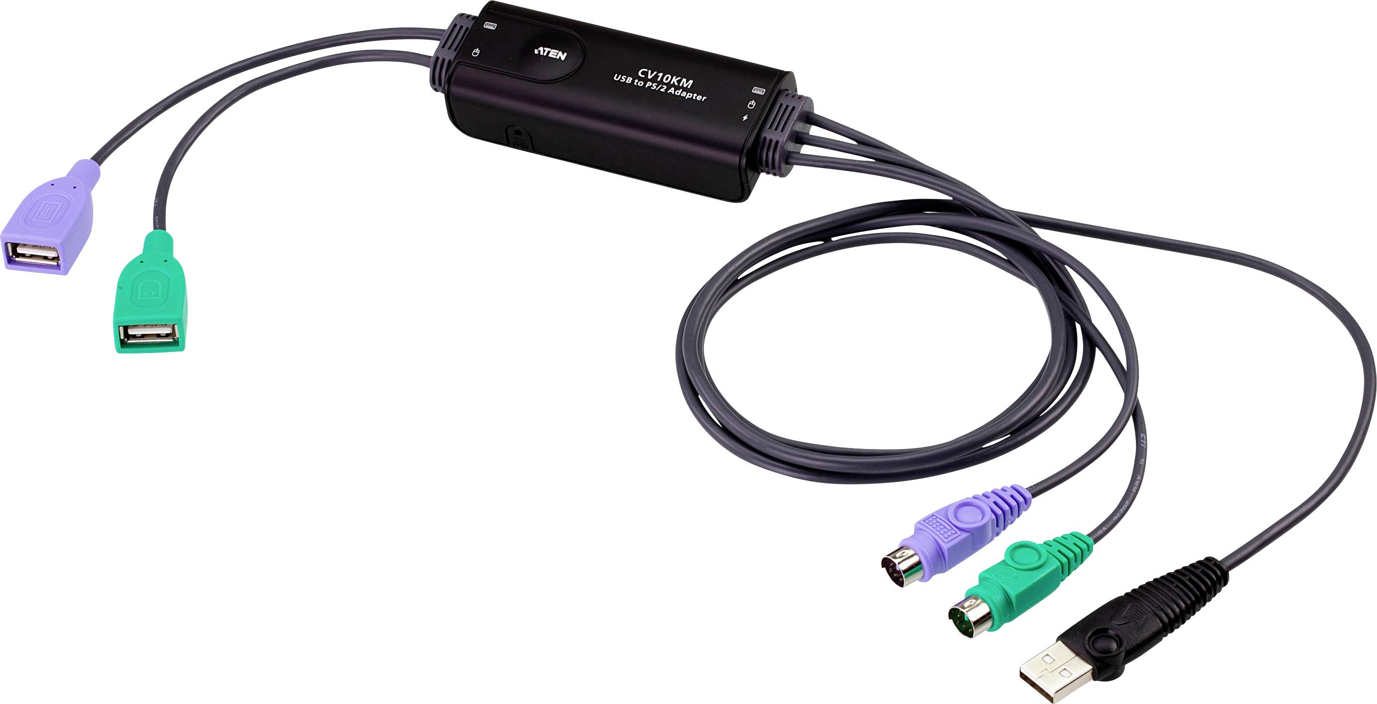 Ein KVM-Switch mit Kabeln und Anschlüssen für USB und PS/2, der es ermöglicht, einen Satz von Peripheriegeräten zur Steuerung mehrerer Computer zu verwenden.