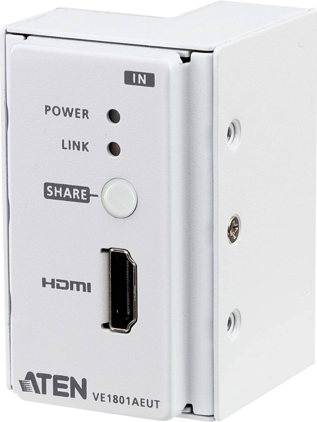'ATEN VE1801AEUT' Gerät mit HDMI-Anschluss, Strom- und Verbindungsanzeigen sowie einer 'Share'-Taste auf dem Frontpanel.