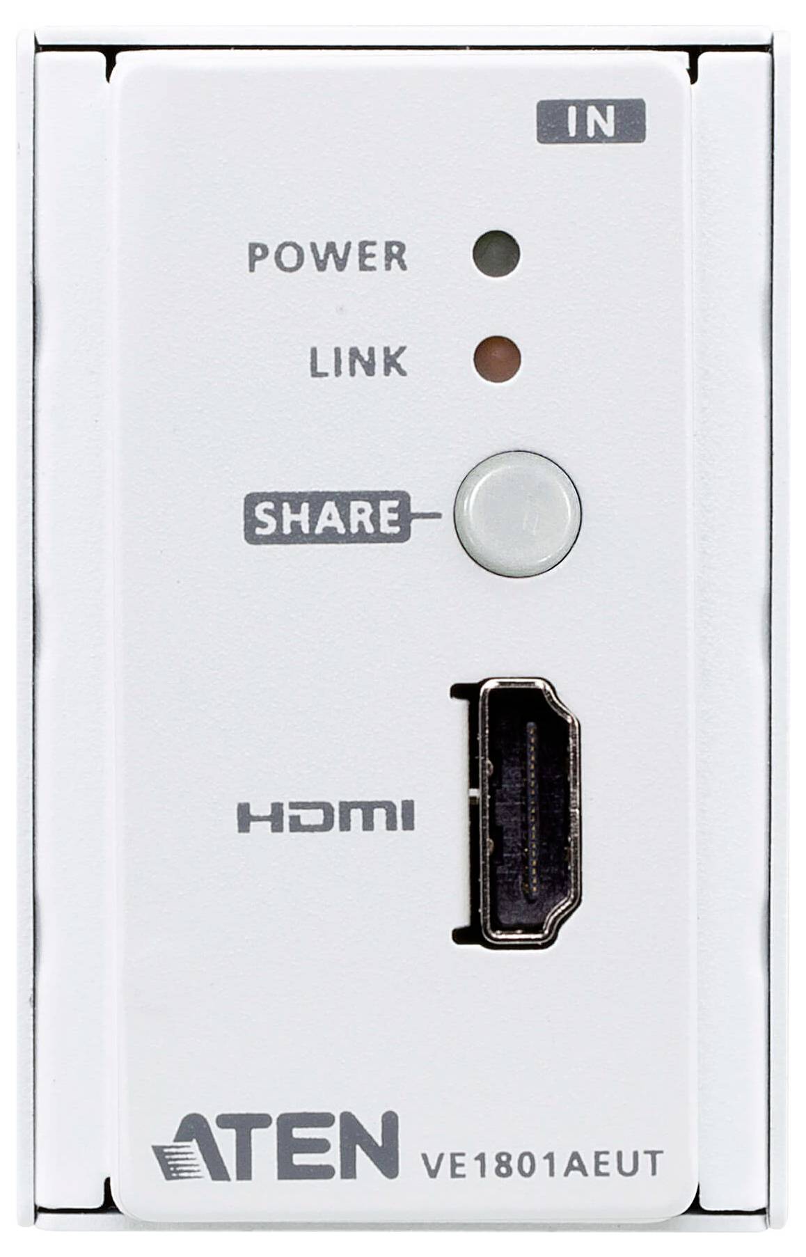 Wandplatte mit HDMI-Anschluss, beschriftet mit 'EIN', und Anzeigen für 'STROM', 'VERBINDUNG' und 'TEILEN', verwendet für HDMI-Signalverteilung.
