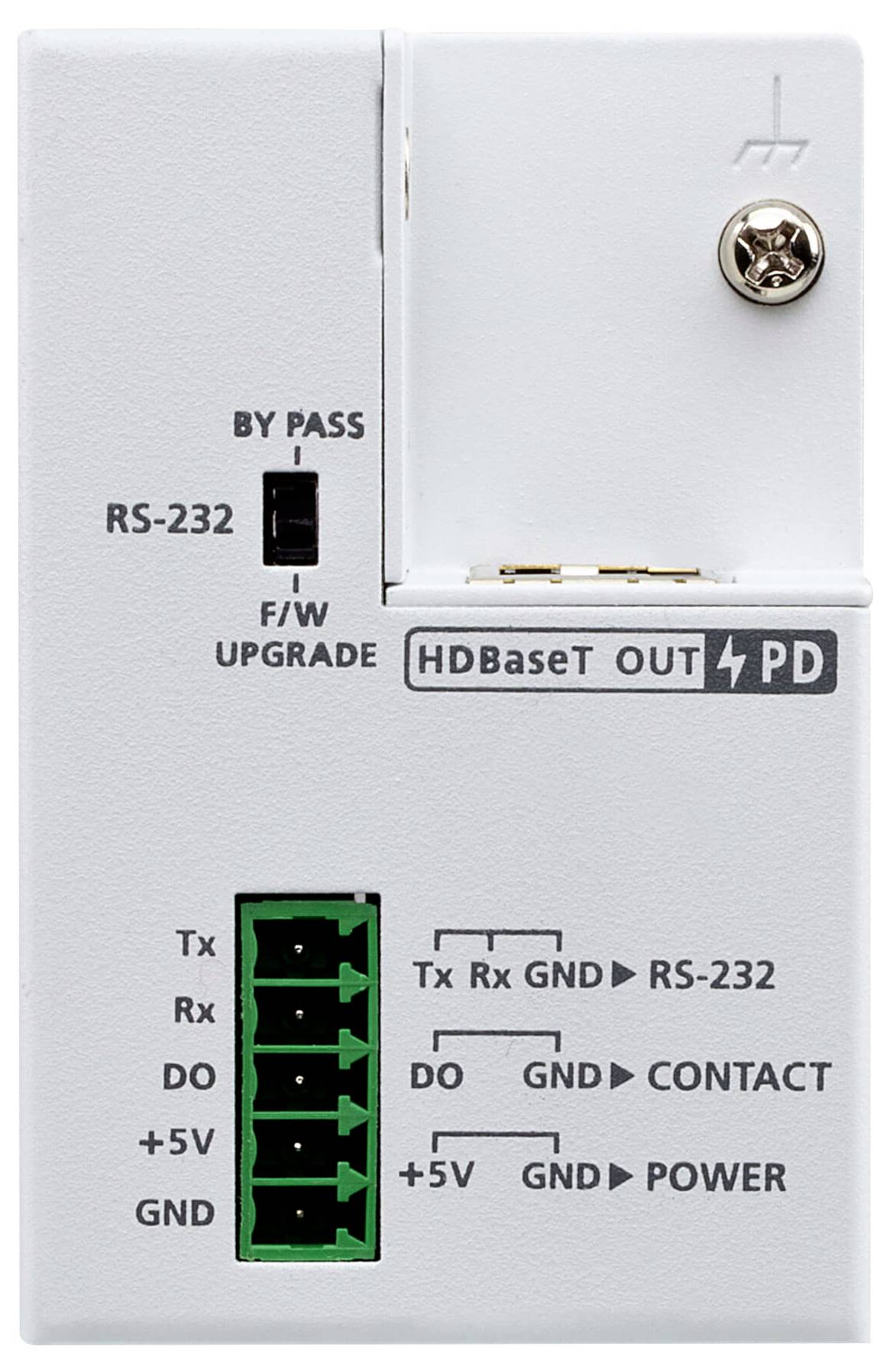 HDBaseT-Ausgangspanel mit RS-232, Bypass, Firmware-Upgrade-Optionen und Stromeingangs-Anschlüssen für Tx, Rx, DO und GND.
