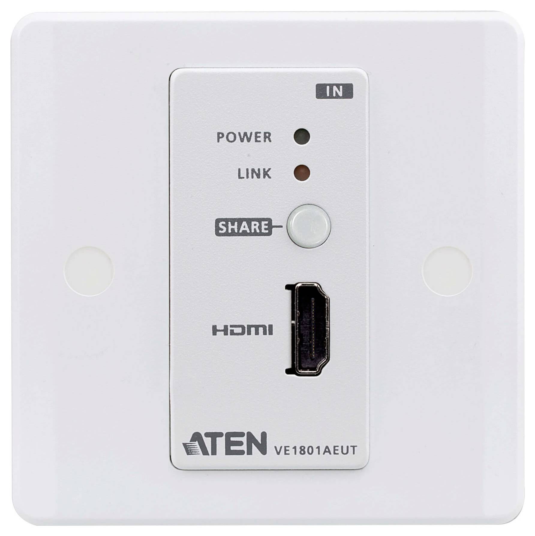 Wandmontierter HDMI-Transmitter mit einer 'Share'-Taste und Anzeigen für 'Stromversorgung' und 'Verbindung'. Geeignet für AV-Signalübertragung.