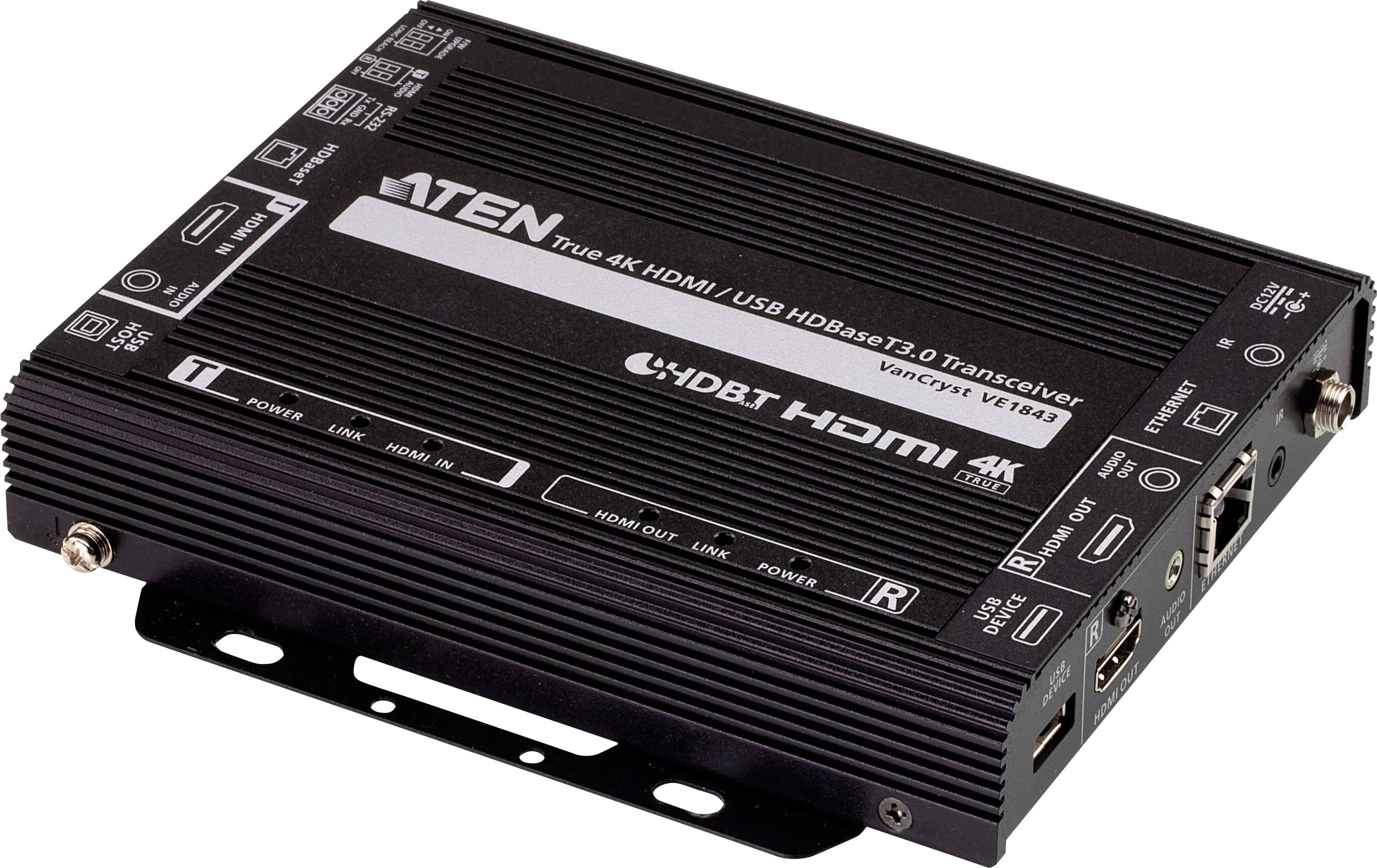 Ein schwarzer ATEN HDBaseT 3.0 Transceiver mit mehreren Anschlüssen, die für HDMI-Ein-/Ausgang und USB-Konnektivität beschriftet sind, präsentiert seine Konnektivitätsfunktionen.